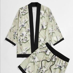Crane Print Contrast Binding Kimono